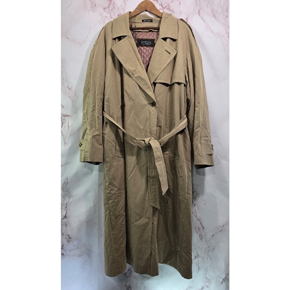 Vintage Trench Coat Mens Large 42 Khaki Tan Wool Blanket Lined Parka Tie Button